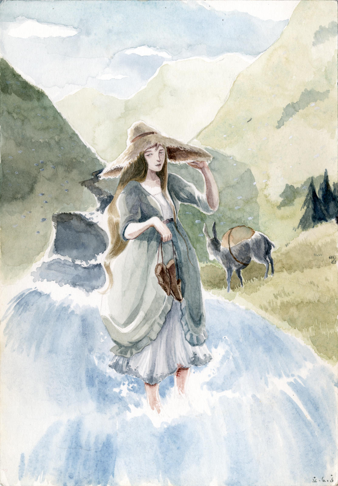 A travelling girl with a large straw hat is standing in the midst of a mountain torrent holding her shoes, her donkey with her belongings already on the other side.