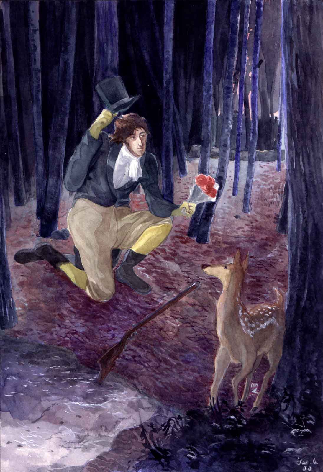 A hunting gentleman in the early 1800s hands over a flower bouquet to a deer in a frozen forest at nightfall.