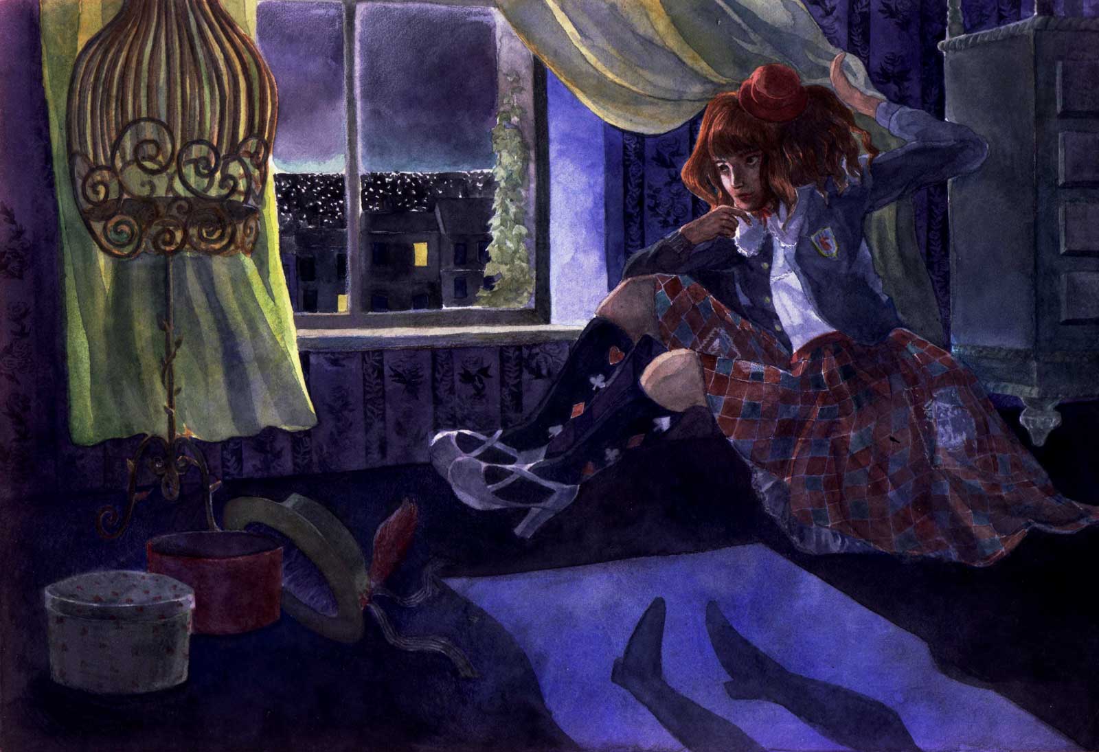 A classic lolita in a check tiles patterned skirt is holding the curtains at night of her bedroom to reveal the shadow of Peter Pan on the floor.