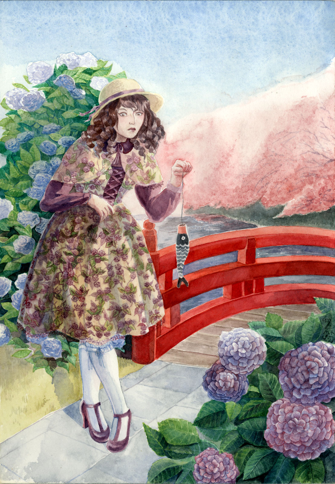 A classic lolita in Japan is holding a paper koi, japanese symbol for boys, before a background setting consisting of a red bridge, hydrangeas, and cherry blossoms.