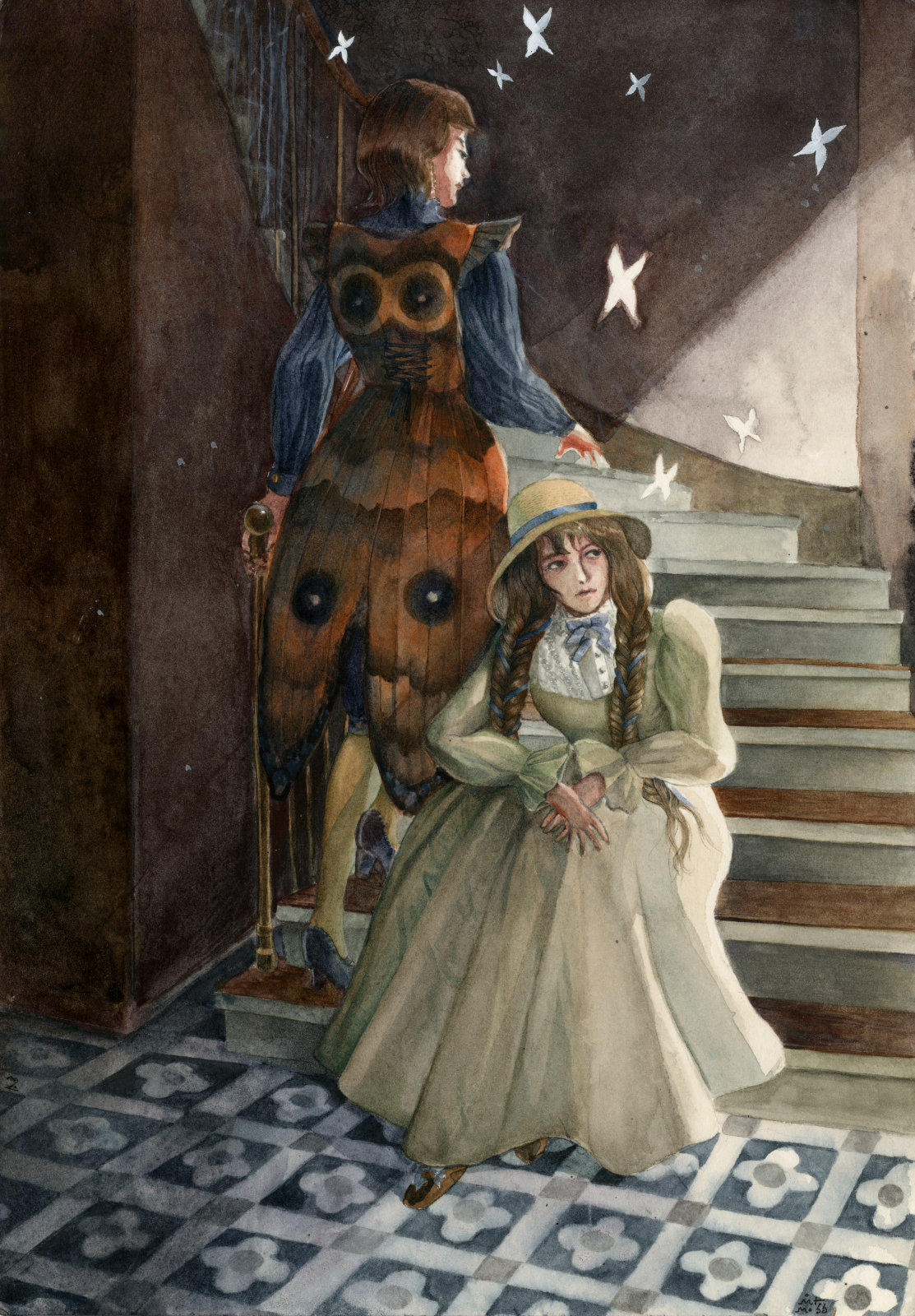 Two women, one in an edwardian dress, the other one in a jacket that looks like a butterfly, are sitting in the hall of an old building with pretty tiles on the floor.