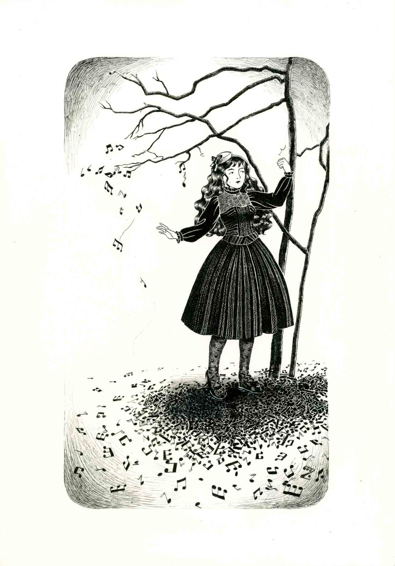 Black and white depiction of a classic lolita in a dress inspired by dolce piu amabile is gently knocking on a musical tree with the result of musical keys falling on the floor.