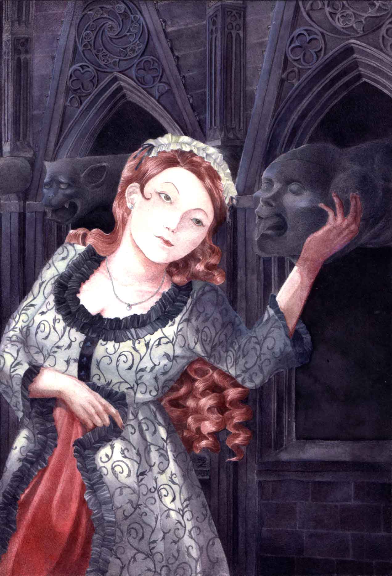 Portrait of a lady in a medieval inspired gown holding a gargoyle in front of a cathedral.