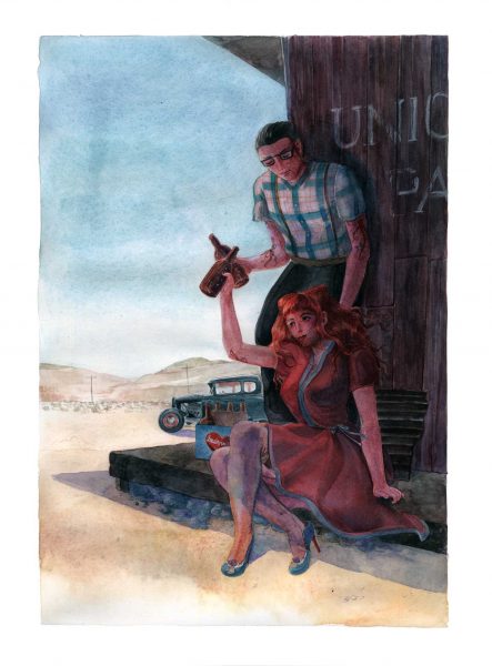 watercolour fanart of rockabilly characters Violette and Peter from Burlesque Girrrl by François Amoretti drinking beers in the Death Valley