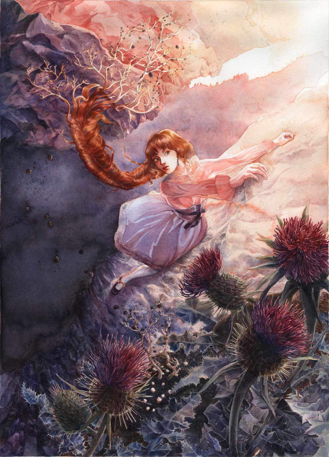 A woman — a mandragora — in lolita fashion clothing descending a cliff in Scotland, her long braid of auburn hair pulling out of a bed of thistles, at the golden hour