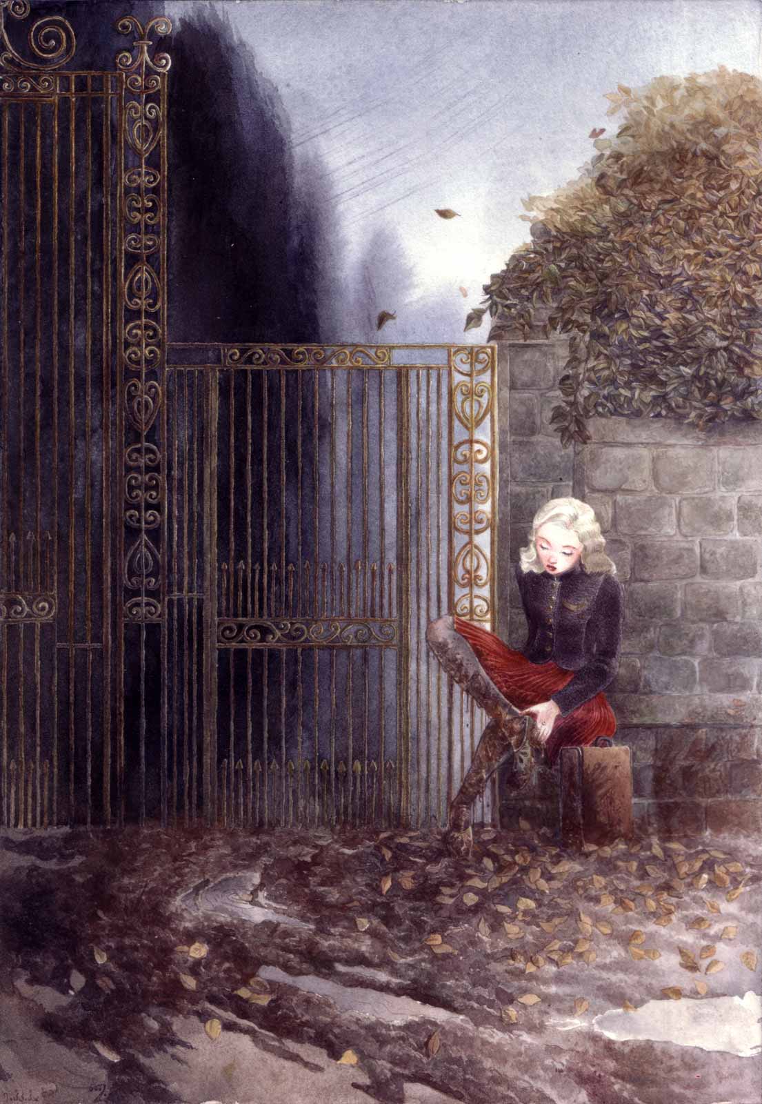 1940s, a muddy winter day, a woman in a red velvet skirt is sitting outside the iron gate of a big mansion with her suitcase.