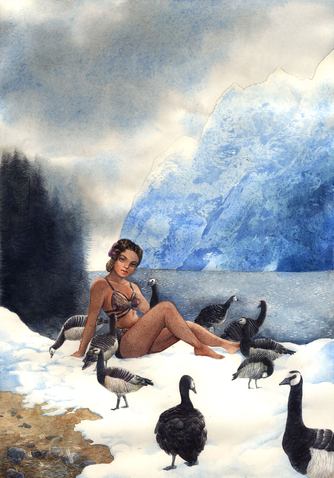 A black pinup posing by a lake in the moutains with realistic goosebumps on her skin and actual gooses frolicking in the snow.