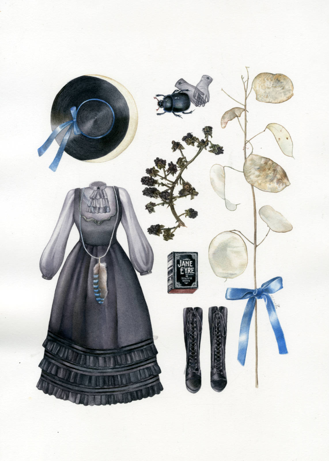 Technical illustration of a herbarium made up with fashionable lolita clothing of gothic obedience, and an overall witch theme : dried blackthorn and lunaria branchs, a moon hat, boots, a copy of Jane Eyre, a beetle and blue ribbons