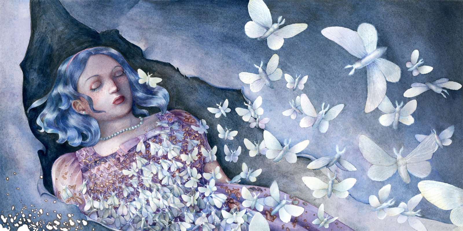 A blue-haired young girl lies dead with her features intacts, her purple dress eaten by a flock of moths that fly away from her body.
