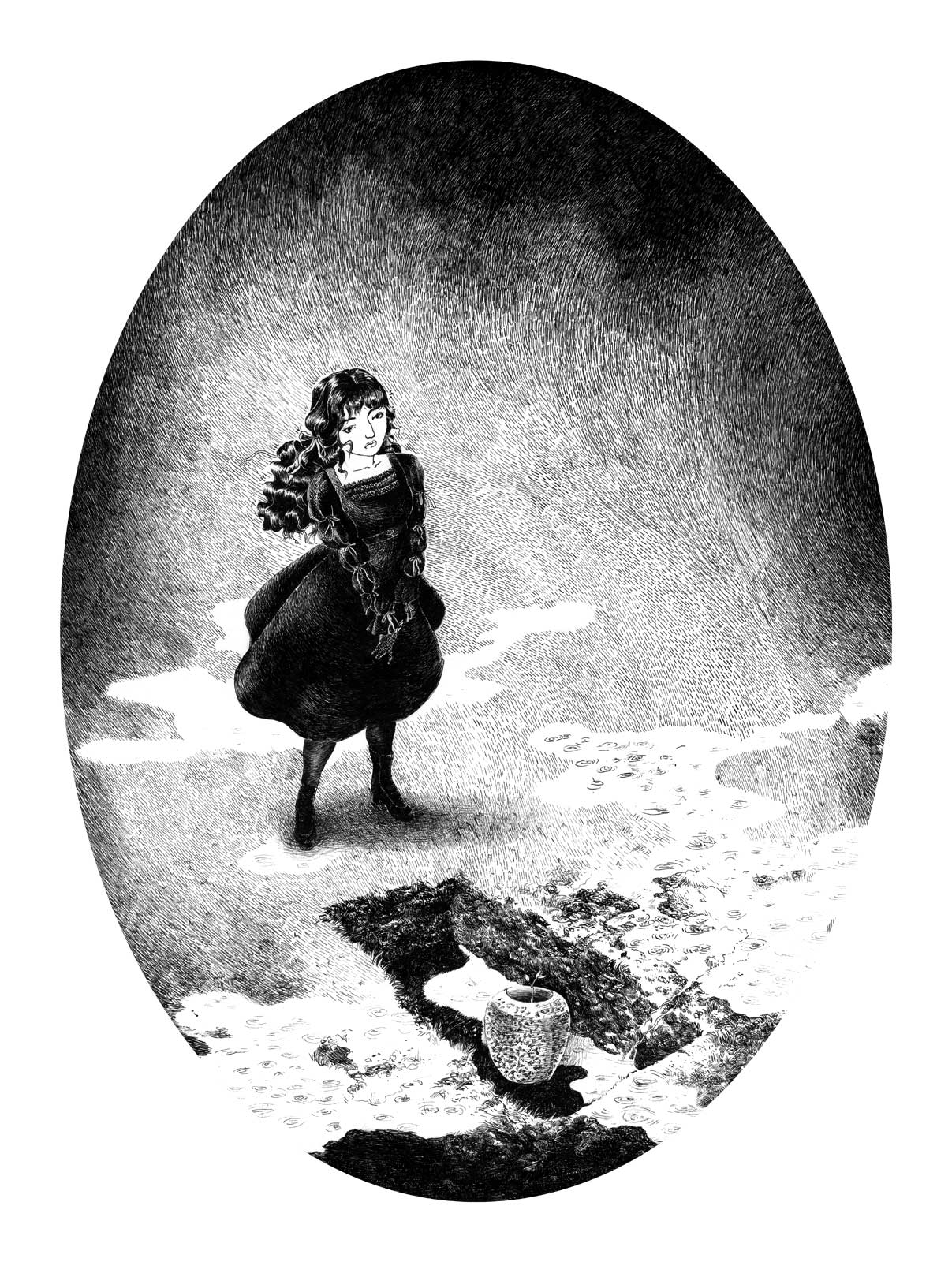 Black and white ink drawing depiction of a burial ceremony of a young plant in her pot by a lady in gothic lolita attire on a rainy day.
