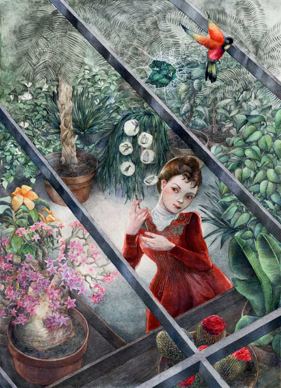 Late victorian lady in a red gown in a greenhouse full of plants holding a lunaria branch on which is represented an animation of a bird breaking free of its cage and even of the greenhouse glasses.