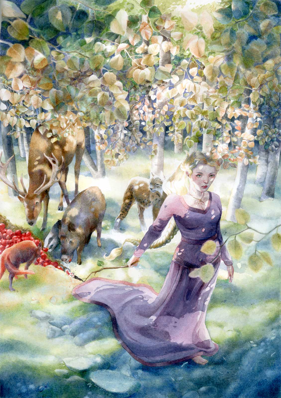 A wood nymph in a medieval gown walks through the forest bringing forth plenty of food for its inhabitants.