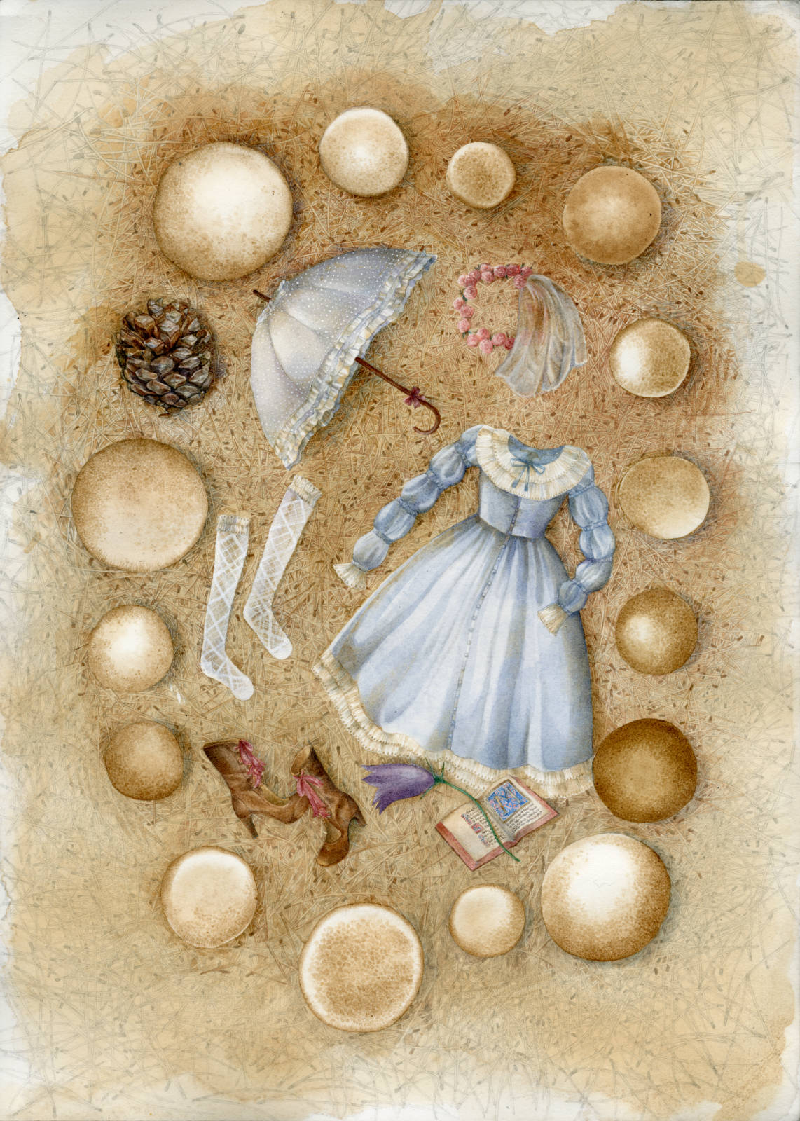 Fairy ring enclosing a fashionable composition of classic lolita clothing and interests laid on a pine needles bed, such as pine cones and bluebells collected in the wild, a medieval book with an illumination, boots, an umbrella and a flower crown.