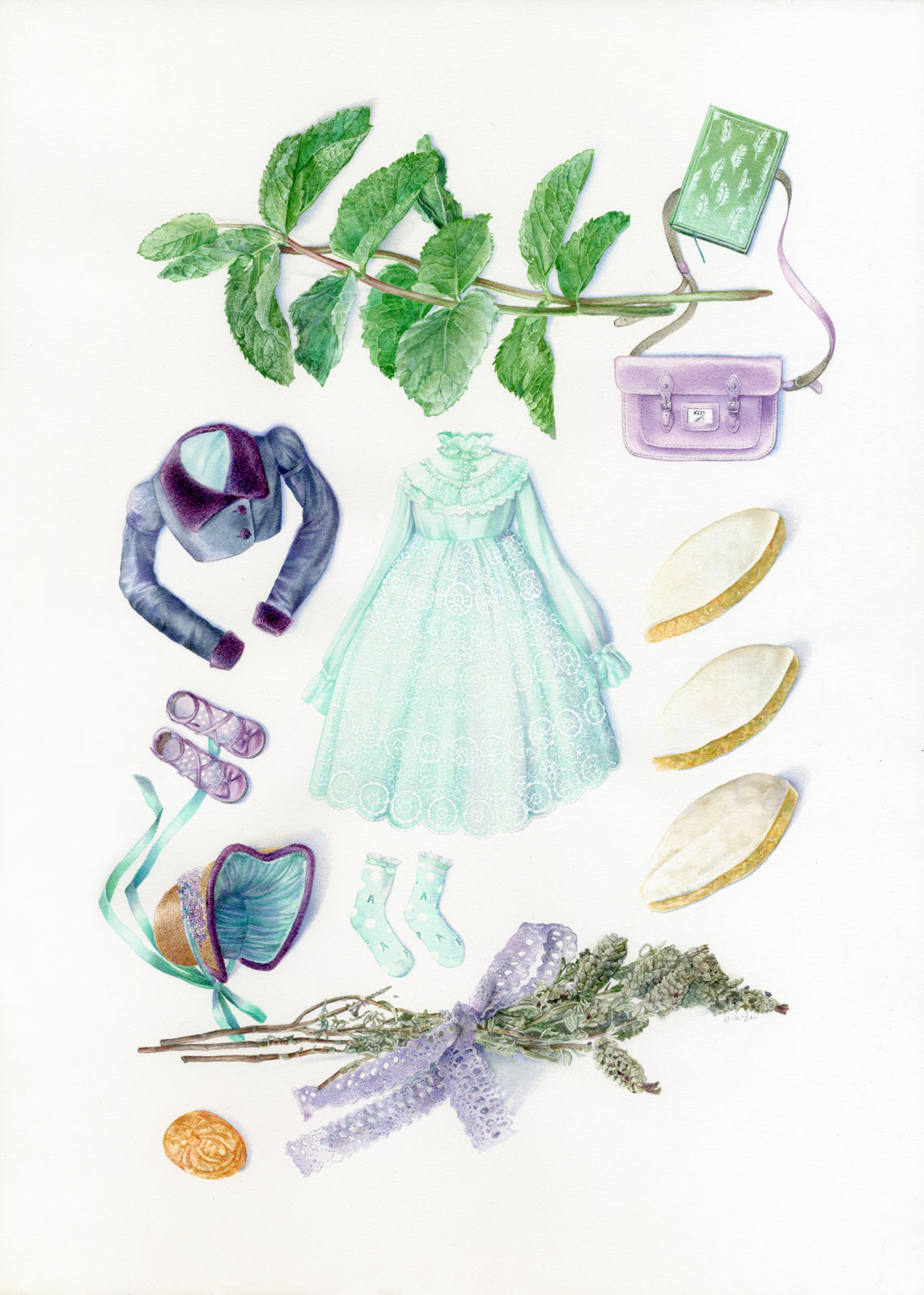 Technical illustration of a herbarium made up with fashionable lolita clothing from Angelic Pretty mixed with antique accessories, and a provencal theme (calissons, lavender, mint) with additional references to England and Jane Austen.