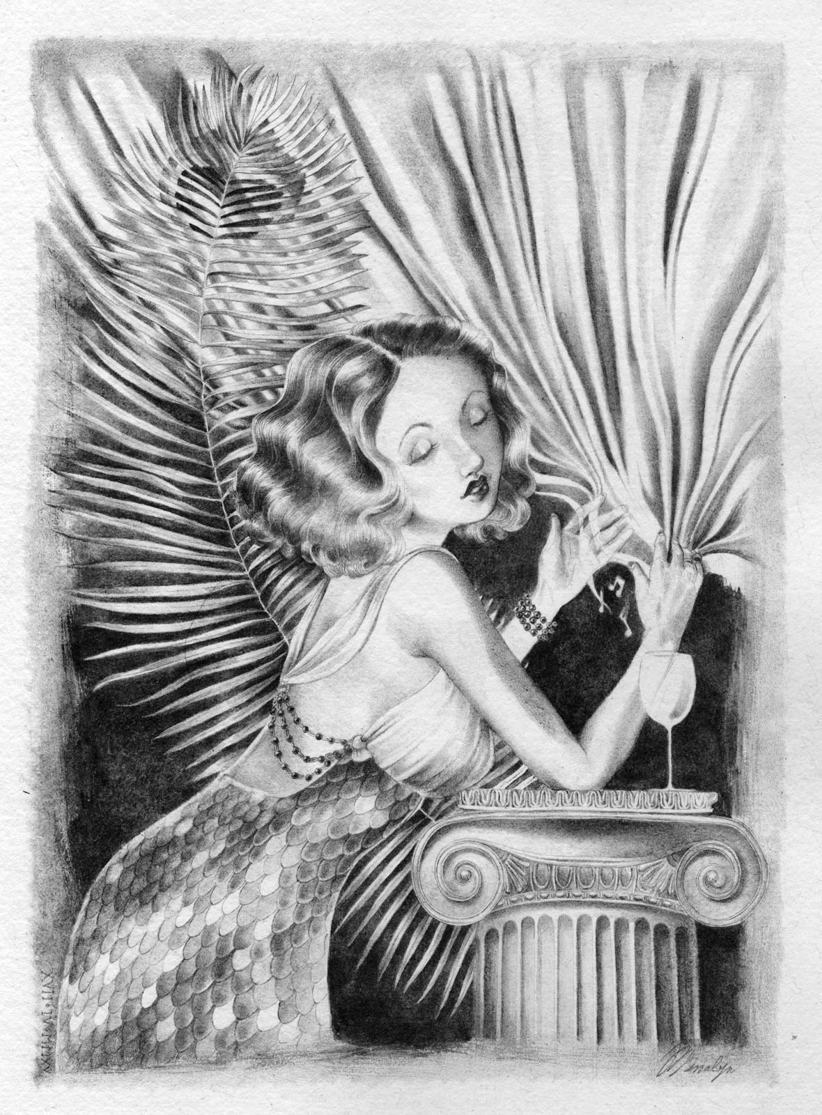 A Golden Age Hollywood actress in a gown with scales toying with a silver curtain like a mermaid playing the harp.