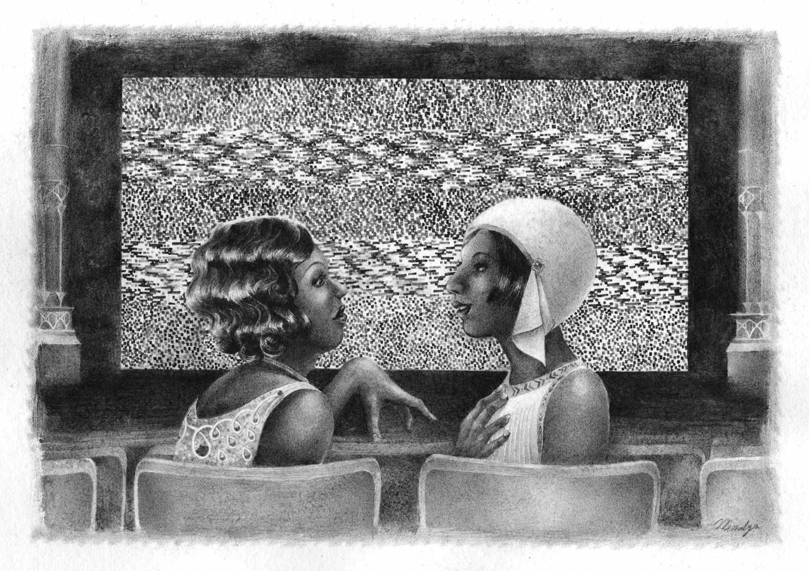 Conversation between two flappers at the movies in the 1920s, dark-skinned ladies in front of a screen of white noise.