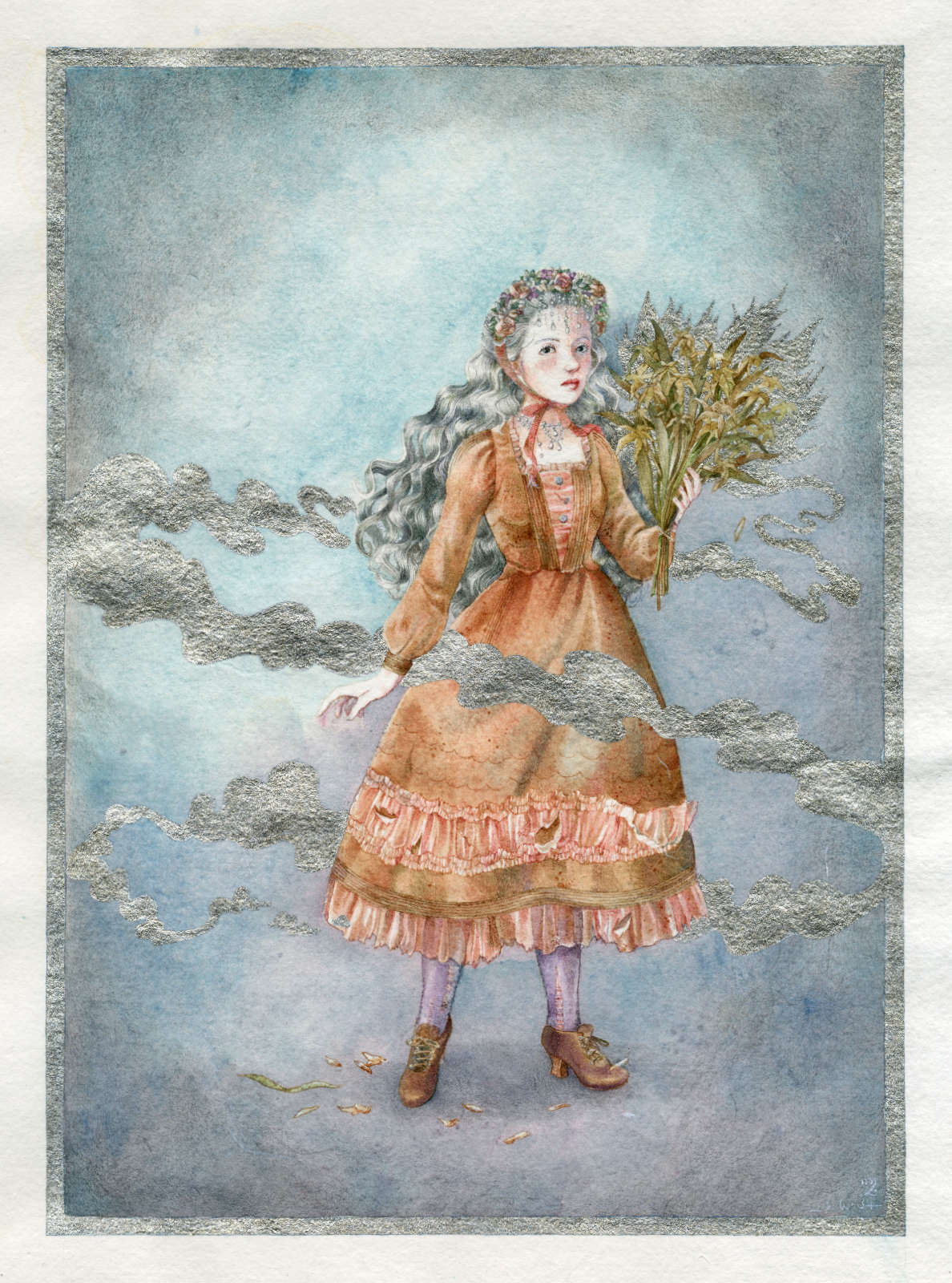 A young girl in a brown and pink Lolita dress holding up to flowers long past their prime but whose scent still lingers around, sanctified in silver ink.