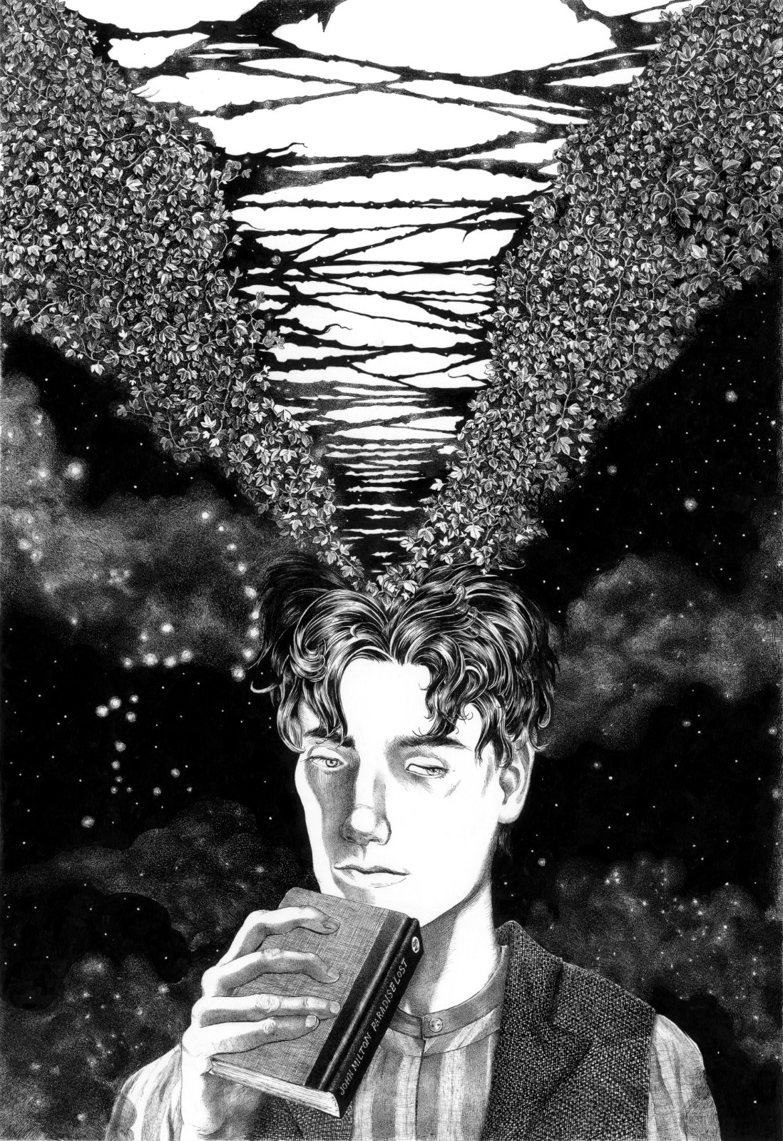 Fern Adelstadt, a teenager boy in edwardian era holding the book “Paradise Lost” by John Milton while Ivy is tearing away his whole universe. Mainly ink with touches of Pigma Sakura Micron on 200g Schoellehammer Durex Technical paper smooth, 21 x 29.7 cm