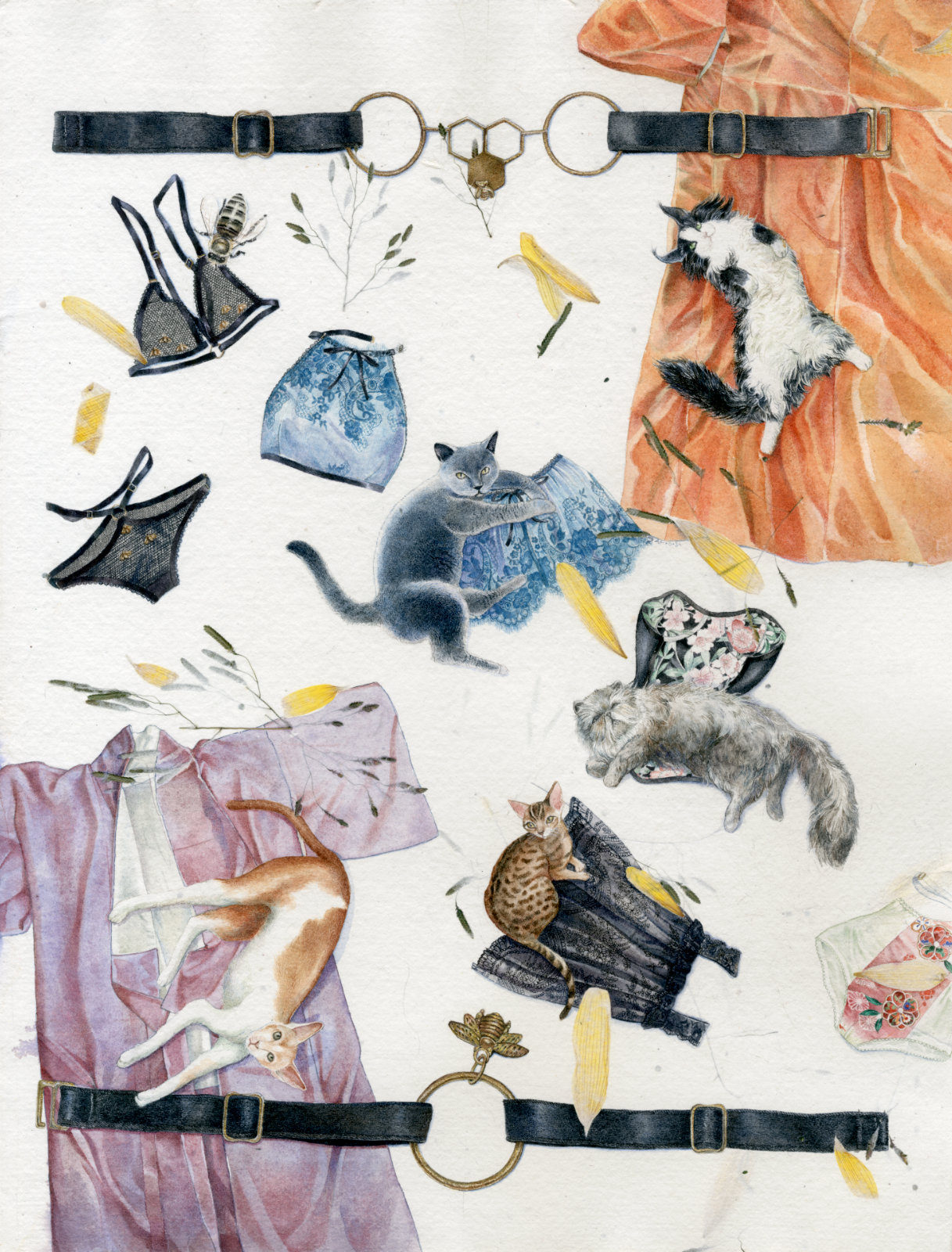 Technical illustration of a so-called herbarium based on lingerie brand Karolina Laskowska and painted for a contest, with kimonos, lounging cats, bras, panties, a corset and a lace camisole, with inclusions or real flower petals unto the paper