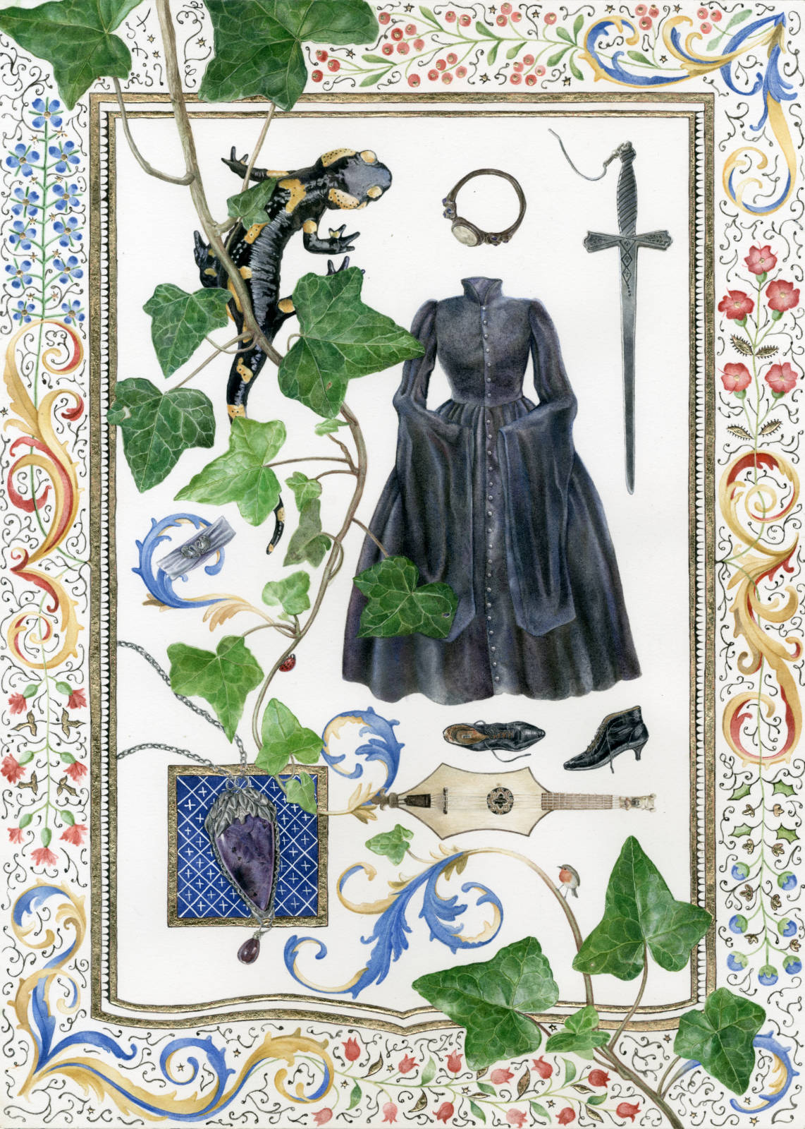 Technical illustration of a herbarium made up with fashionable lolita clothing, and an overall medieval theme : salamander, ivy, illuminations, clothing and jewellery inspired by chivalry, troubadours, sorcery and myths